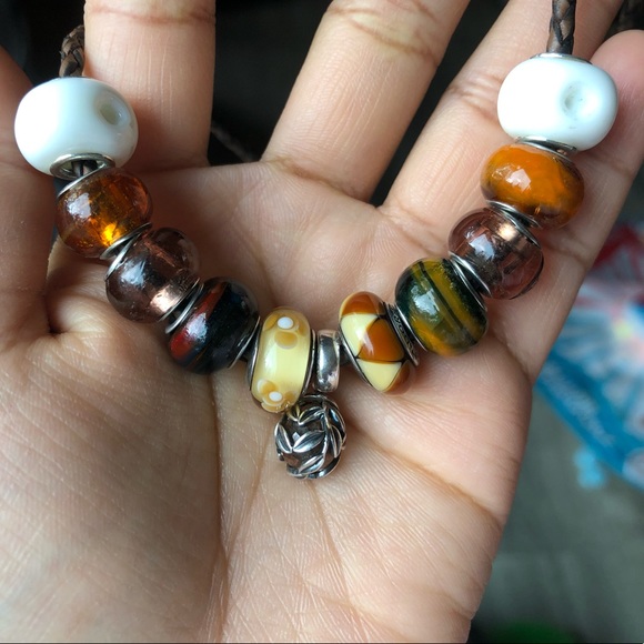 Pandora Brown Leather Bracelet Wrap Around Wrist Twice / Necklace with 11 Charms - Picture 3 of 13